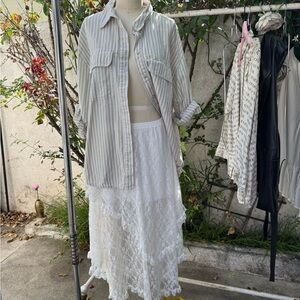 Zara Cream & White Striped Button-Up with White Lace Maxi Skirt